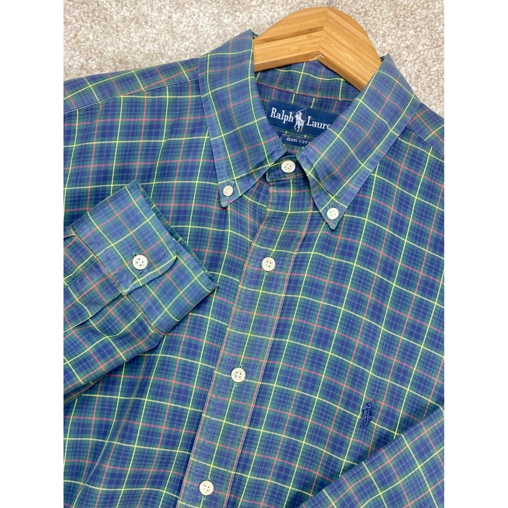 Ralph Lauren Plaid Button Down Shirt Mens L Blue Green Cotton Long Sleeve Pony